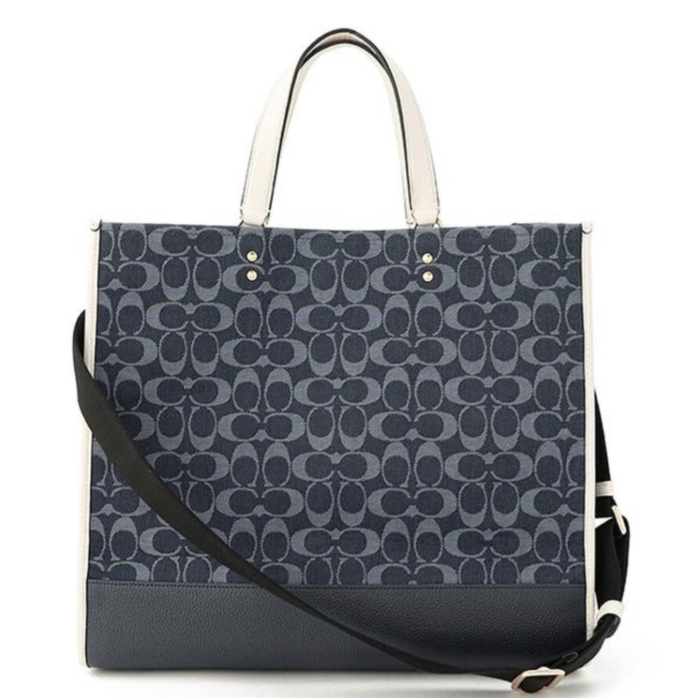 Coach Dark Blue Denim Tote Bag With White Coach Leather Emblem - Picture 3 of 6